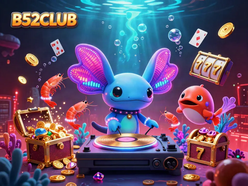 Experience the excitement of B52CLUB with vibrant cartoon characters celebrating gaming underwater.
