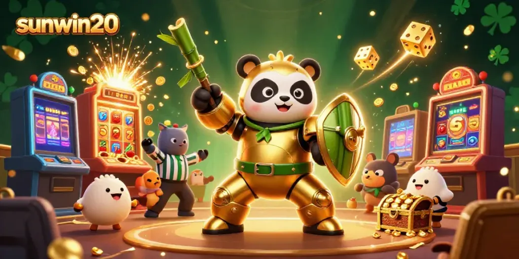 Experience thrilling gameplay with sunwin20 featuring a golden panda piloting a casino mech amid jackpot explosions.