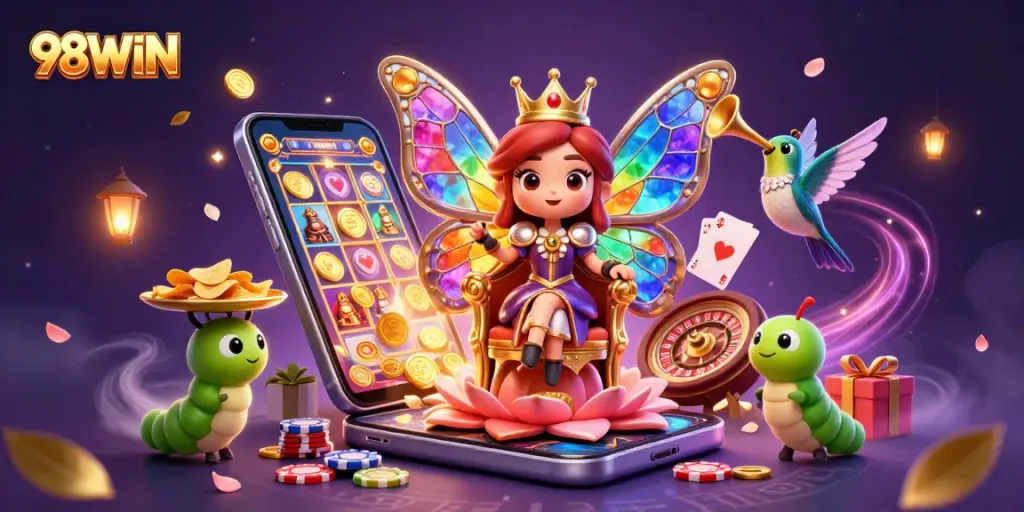 Join the excitement at 98WIN with a vibrant illustration of casino games and rewards!