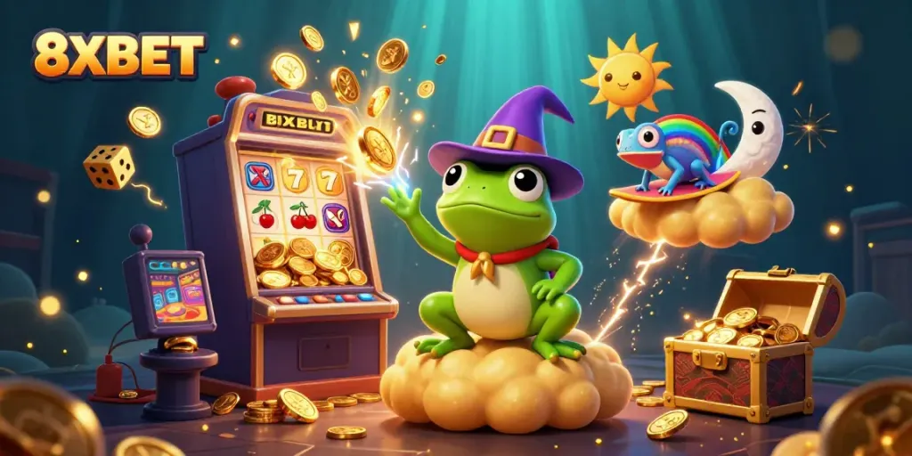 Experience the excitement of 8XBET with a golden coin storm and winning symbols surrounding animated characters.