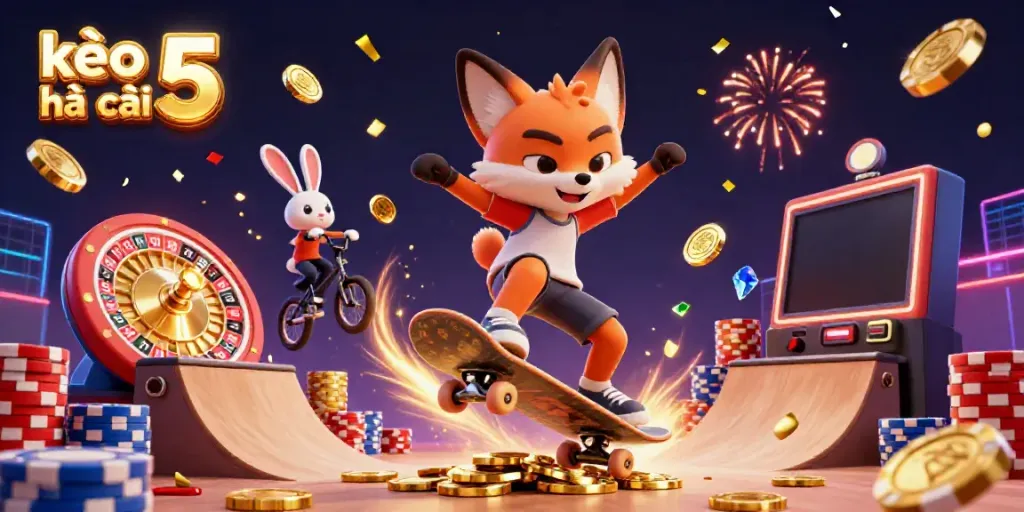 Engage with kèo nhà cái 5 as a colorful fox performs stunts over golden poker chips amid celebrating confetti.