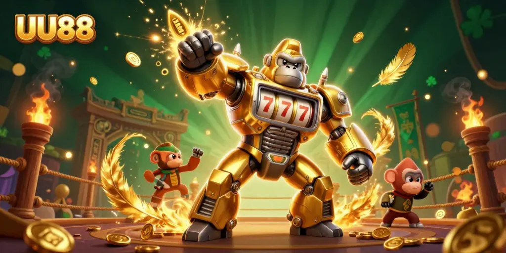 Engage with the thrilling world of UU88 featuring a golden gorilla mech celebrating a slot win amidst dynamic casino elements.
