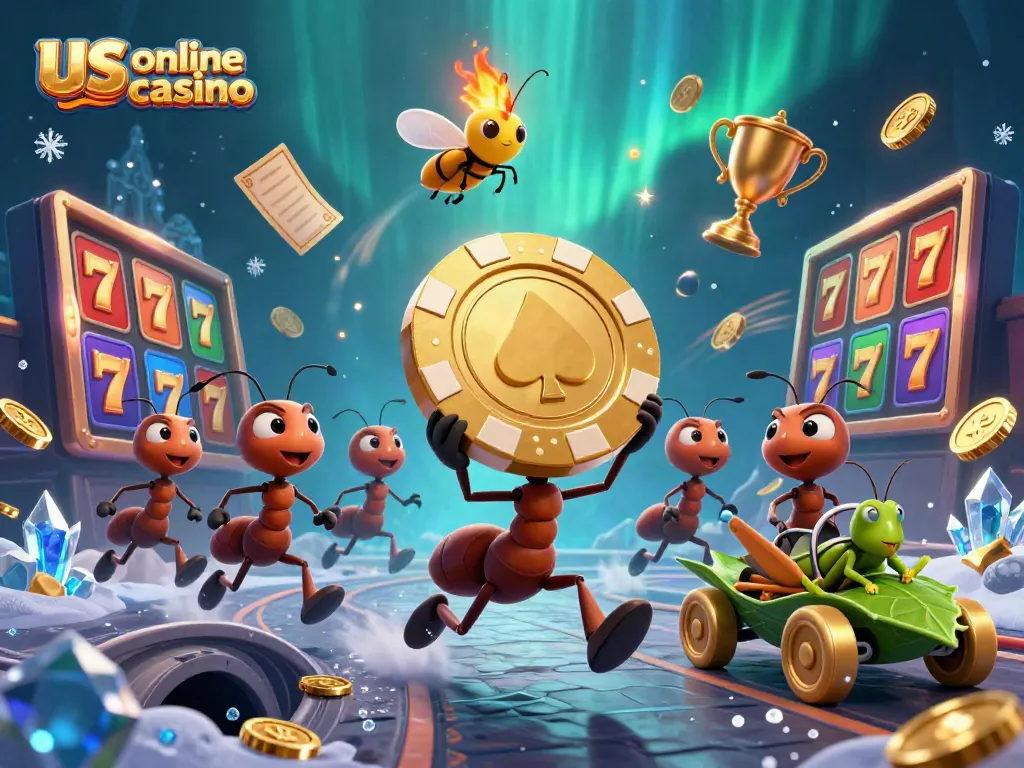 Captivating scene depicting a team of ants conducting a heist with a golden poker chip at a us online casino, dynamic characters and elements surrounding them.