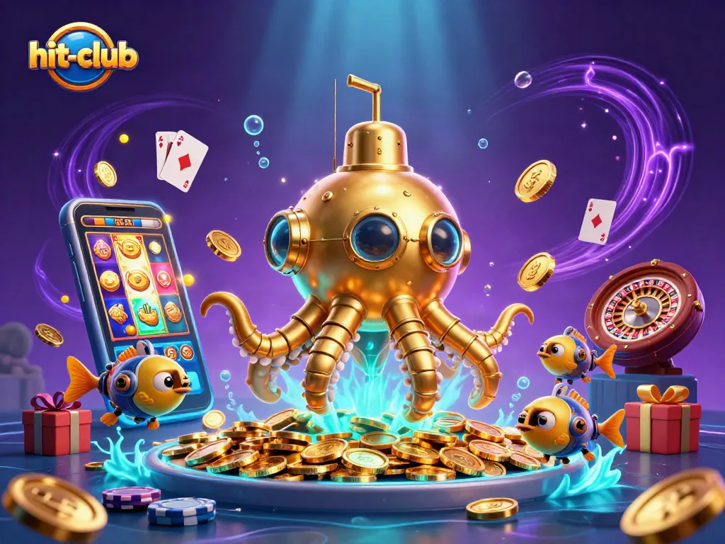 Hit-club features an exciting underwater scene with a golden kraken, slot games, and vibrant casino elements.