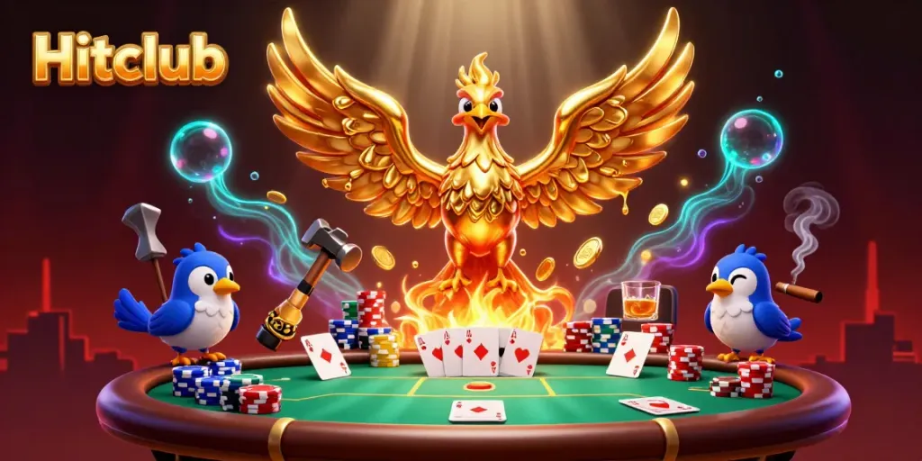 Experience captivating Hitclub gaming under a molten phoenix spectacle amidst gold coins and vibrant casino elements.