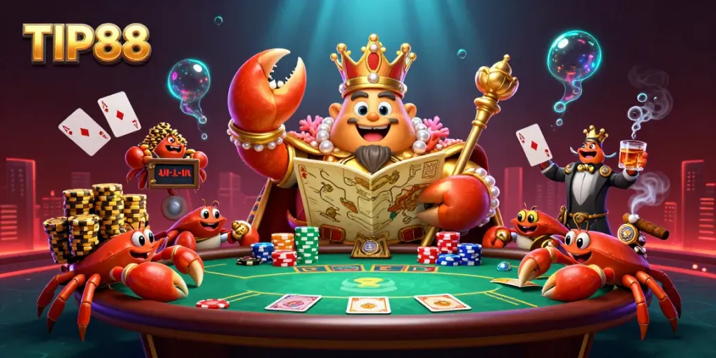Experience thrilling action at TIP88 with a cartoon crab emperor in a vibrant casino scene.