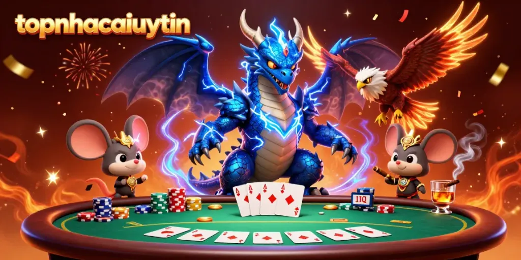 Engaging action scene at topnhacaiuytin casino featuring vibrant mythical characters and poker elements.