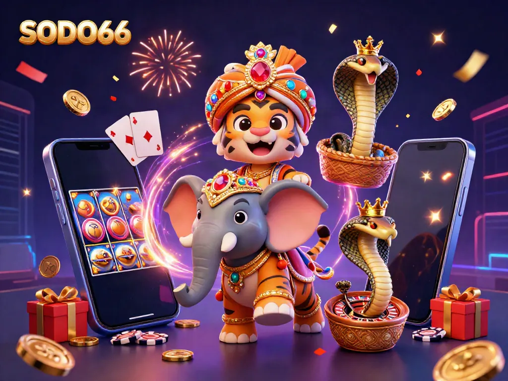 Immerse in SODO66's vibrant casino scene with a maharaja tiger, elephant, and dynamic gaming elements.