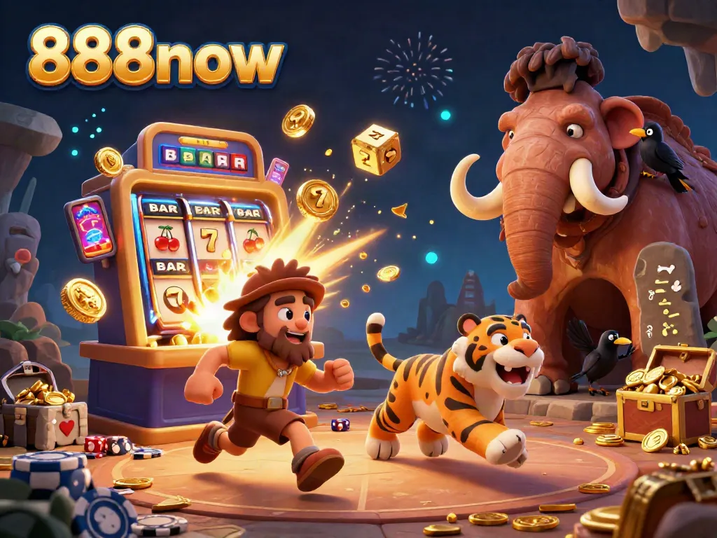 Experience the excitement at 888now with vivid illustrations of cavemen running a prehistoric casino filled with gold and jackpots.