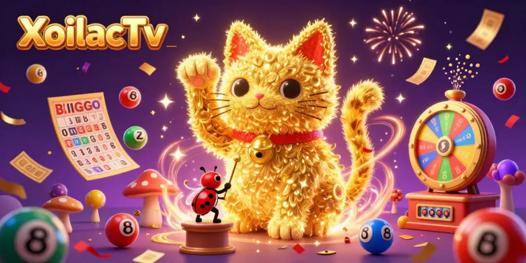 Experience thrilling gambling at XoilacTv with a magical lucky cat scene filled with vibrant lottery symbols.