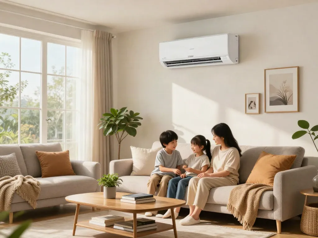 Family enjoying time together under the cool comfort of a 24000 btu mini split air conditioner in a cozy living room.