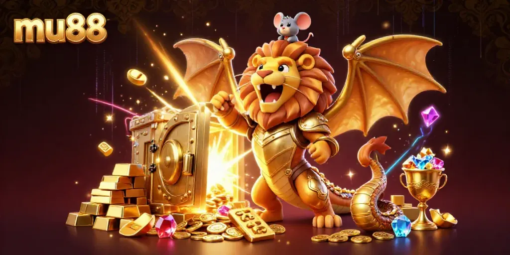 Experience adventures with mu88 in this vibrant 3D casino scene with sparkling treasures.