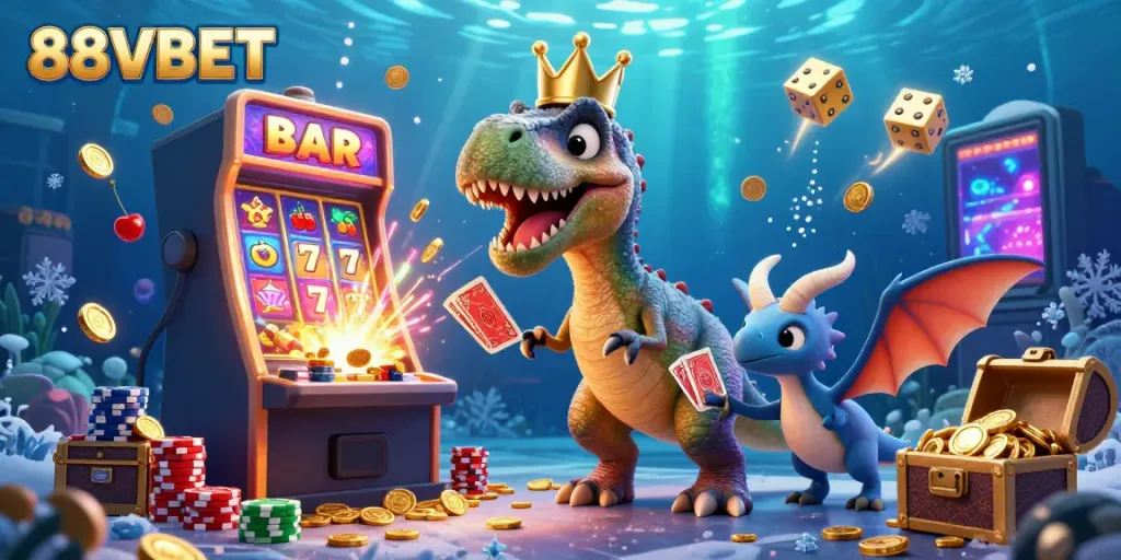 Experience the vibrant excitement of 88VBET with a cartoon scene of friendly dinosaurs engaging in fun casino games.