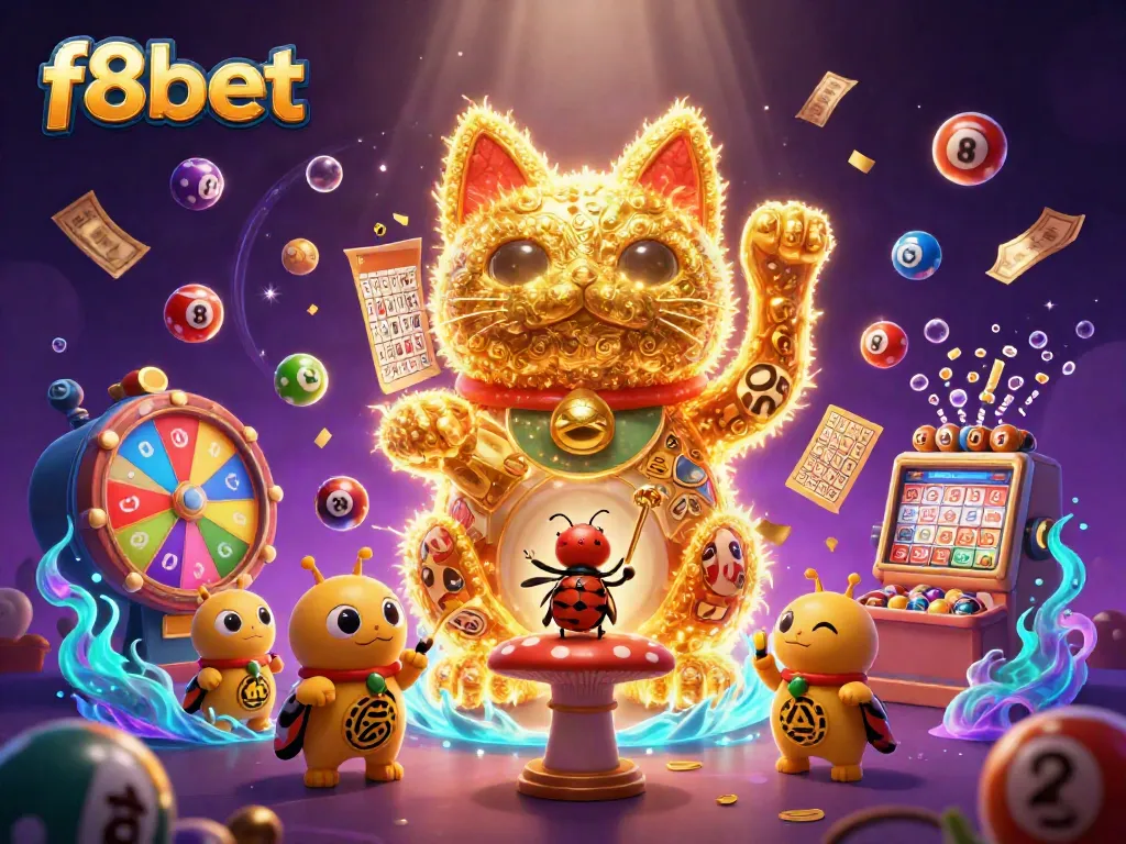 Experience the excitement of f8bet with a golden lucky cat and animated casino elements in a vibrant scene.