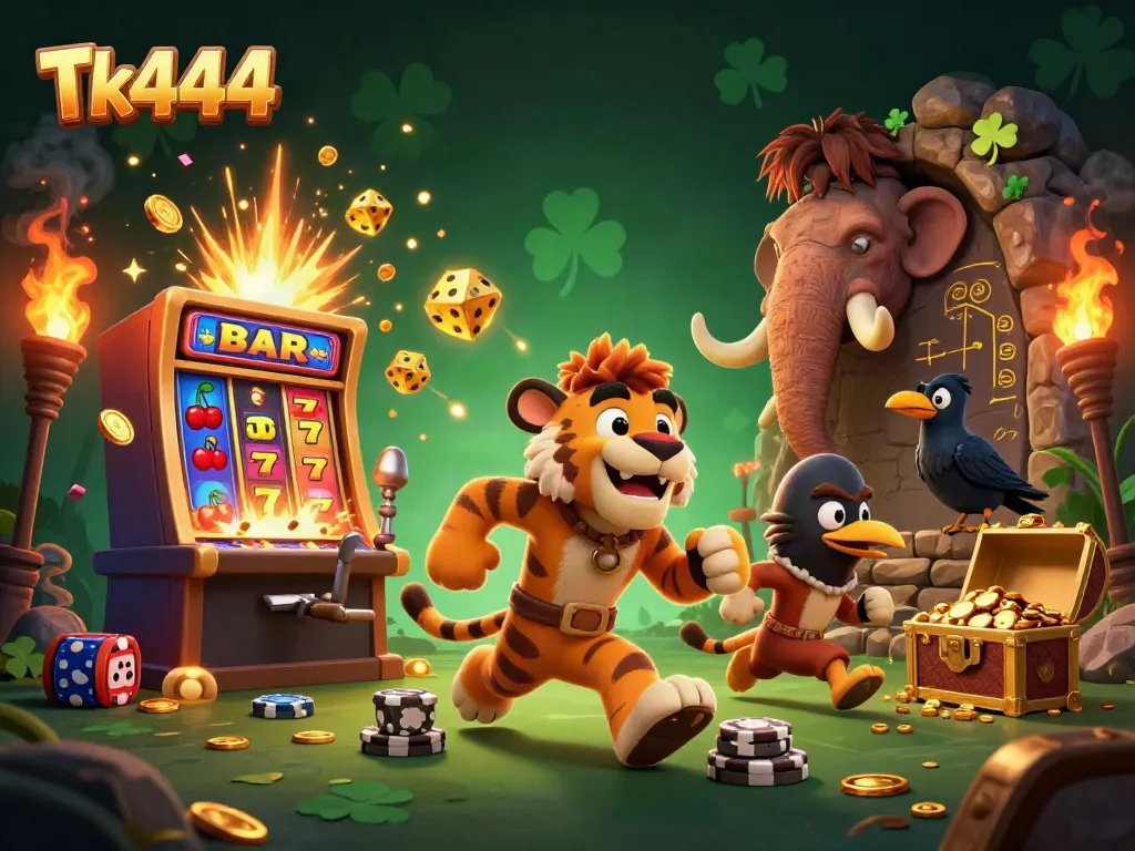 Experience the thrilling moment of playing at Tk444 casino with iconic characters and vibrant slot machines.