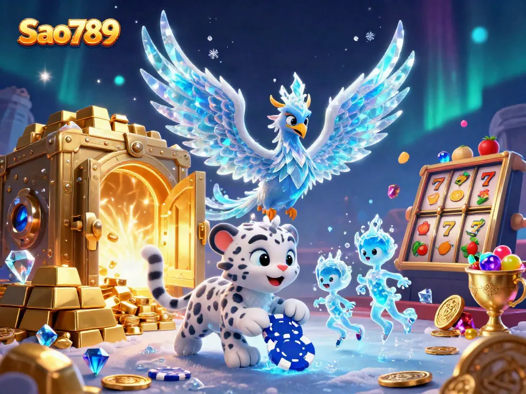 Experience the excitement of Sao789 with a vibrant 3D casino scene featuring an ice phoenix, snow leopard, and slot elements.