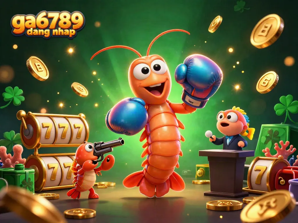 Experience ga6789 dang nhap with an exciting illustration of a mantis shrimp and friends amidst dazzling slot elements.