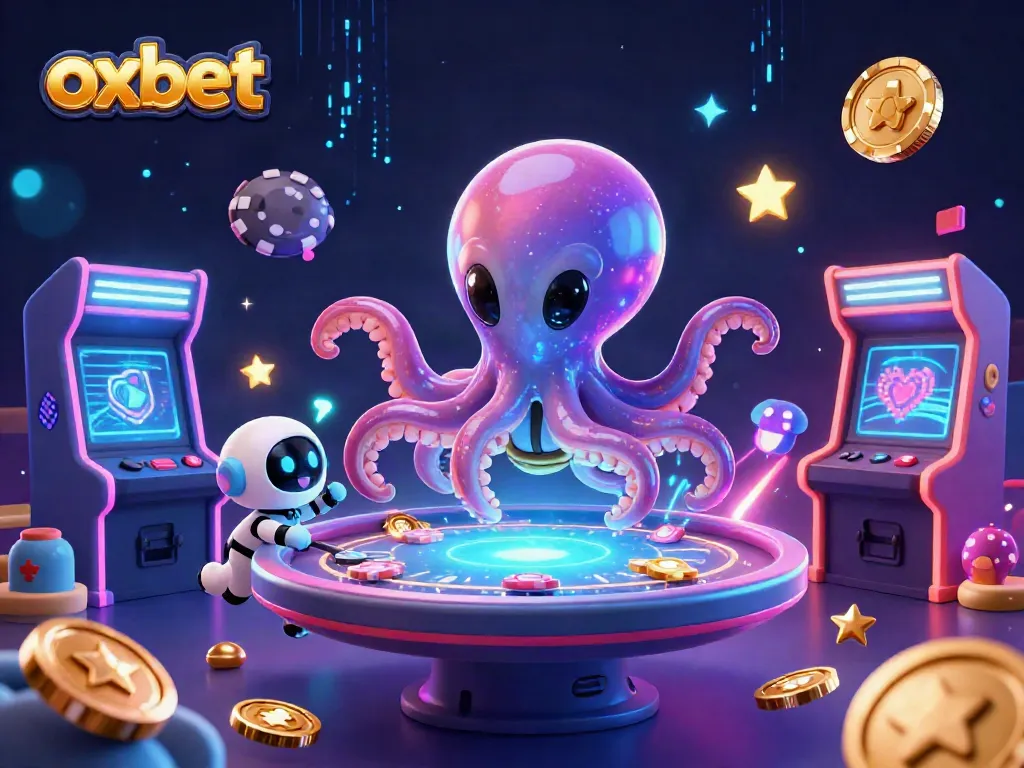 Experience the exciting gambling action at Oxbet with a vibrant alien octopus running a holographic poker game.