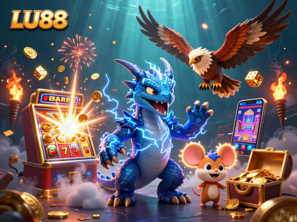 LU88 players engage in thrilling jackpot moments surrounded by colorful casino elements.