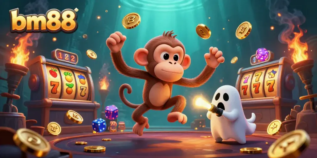 Experience thrilling fun at bm88 with a poltergeist monkey juggling coins in a haunted casino scene.
