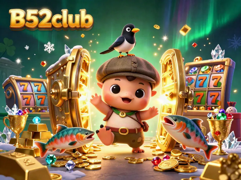 B52club brings fun and excitement with a vibrant casino-themed illustration featuring characters and treasure.