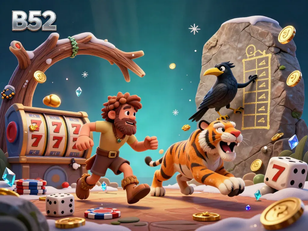 B52's prehistoric casino with cartoon characters rolling dice and winning jackpots.