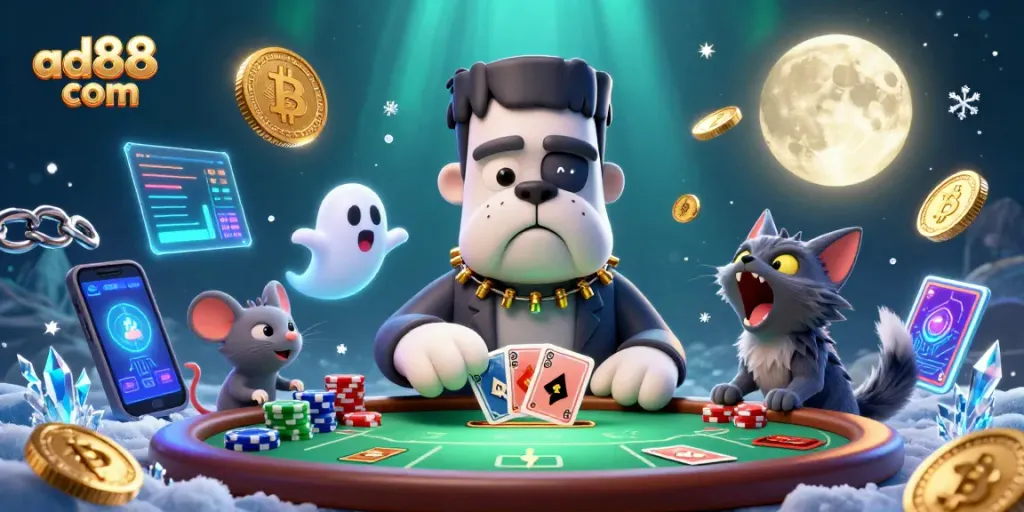 Play poker with ad88 com's lively characters in a vibrant casino-themed scene.