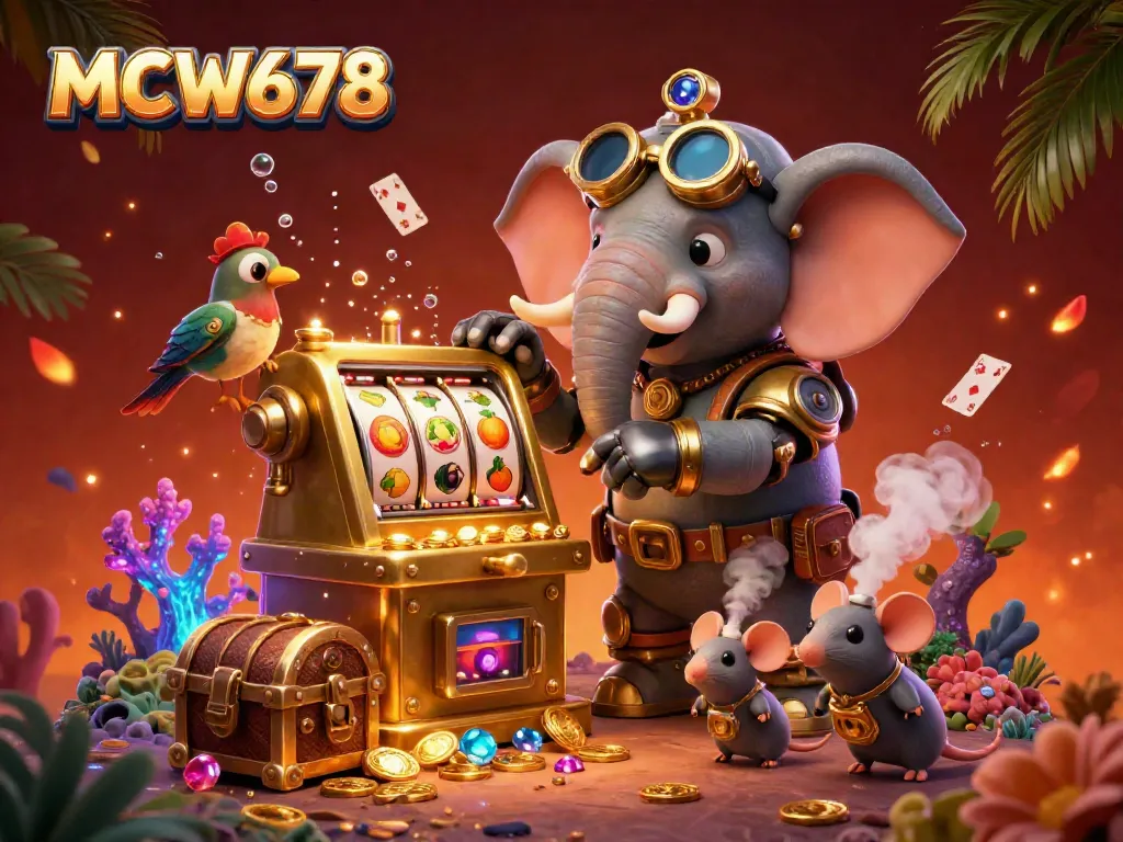 Experience the excitement of MCW678 with a vibrant slot machine scene featuring a steampunk elephant and treasures.