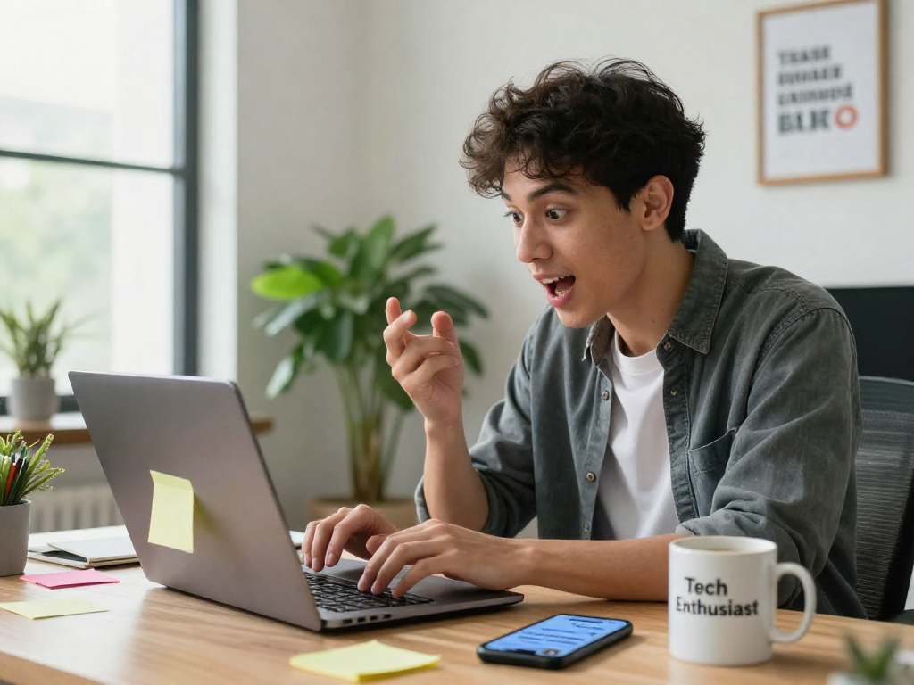 Youthful professional exploring juicy chat ai on a laptop in a bright office setting