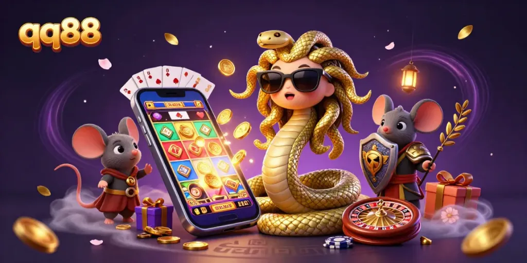 Win big with qq88 in this vibrant, dynamic casino scene featuring colorful slot games.