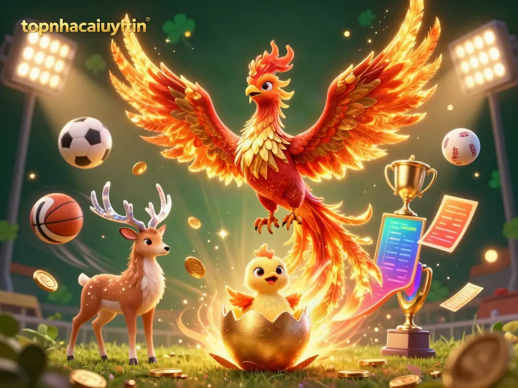 Experience the dynamism of topnhacaiuytin with a fire phoenix soaring amid vibrant sports elements.