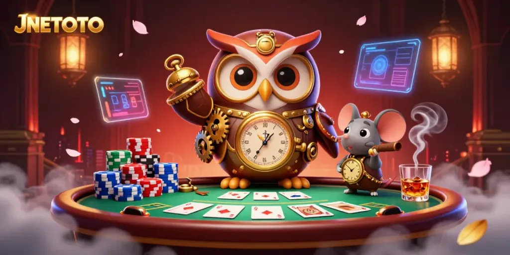 Experience JNETOTO's vibrant online casino world with an energetic steampunk owl and clockwork mouse at a poker table.