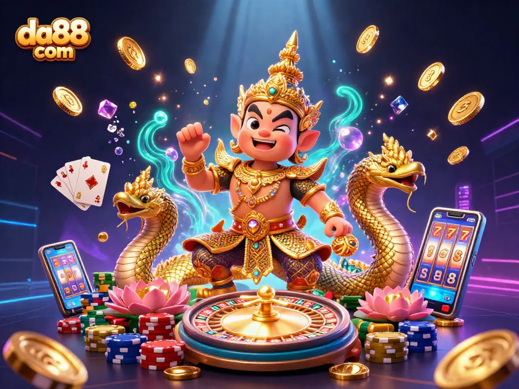 Engage with games on da88 com, showcasing casino excitement through vibrant characters and dynamic elements.
