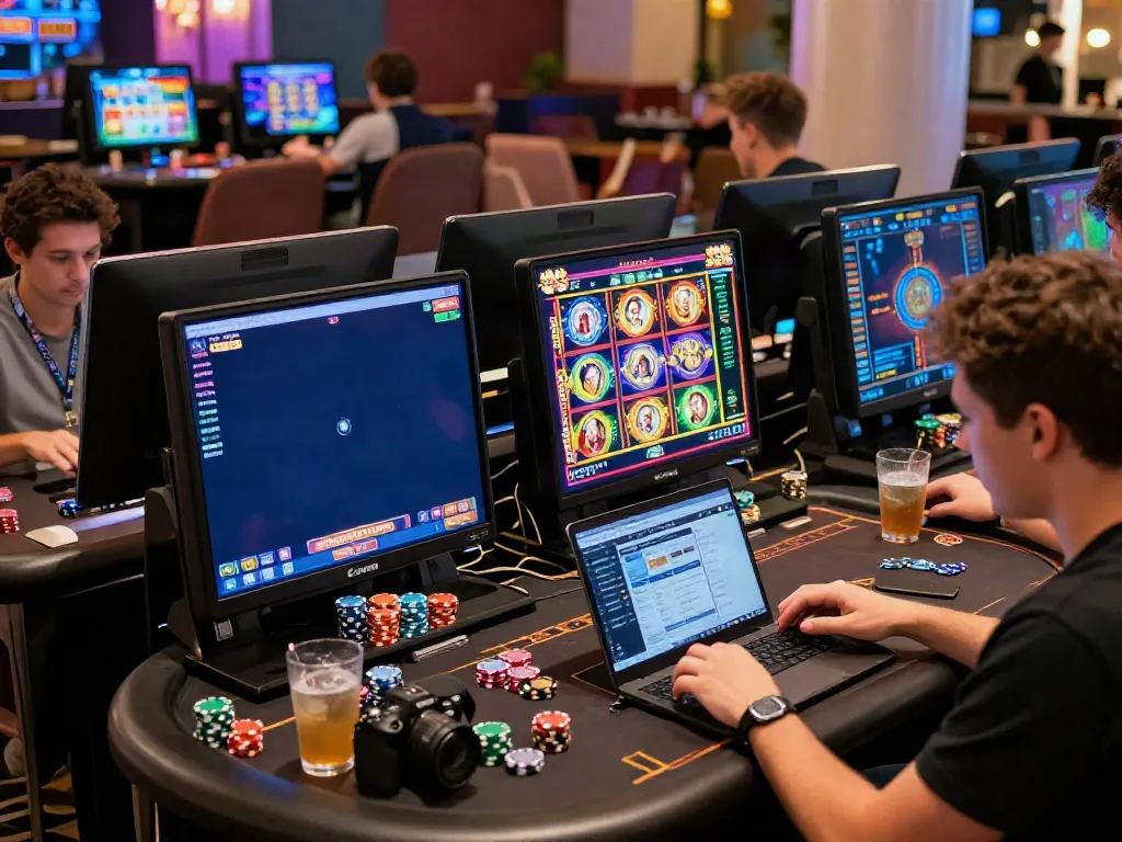 Engaged players enjoying credit card casinos in a lively online gaming lounge atmosphere.