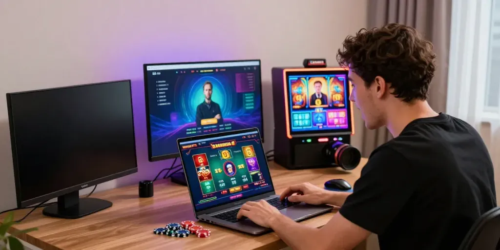 Player immersed in Gem88 online gaming experience amid vibrant casino elements.