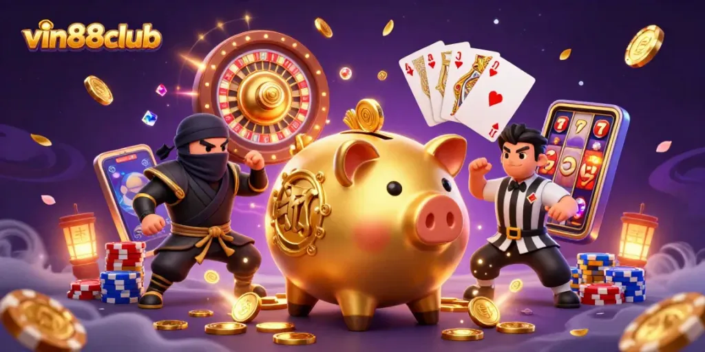 Win big with vin88club in this dynamic illustration featuring engaging casino elements and vibrant characters.