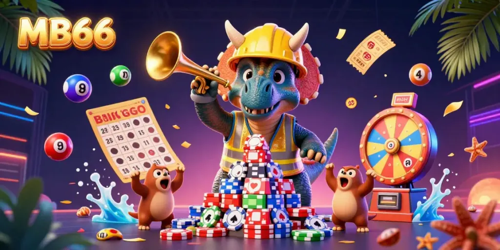 Celebrate winning moments at MB66 casino with a lively 3D illustration of characters and vibrant gaming elements.