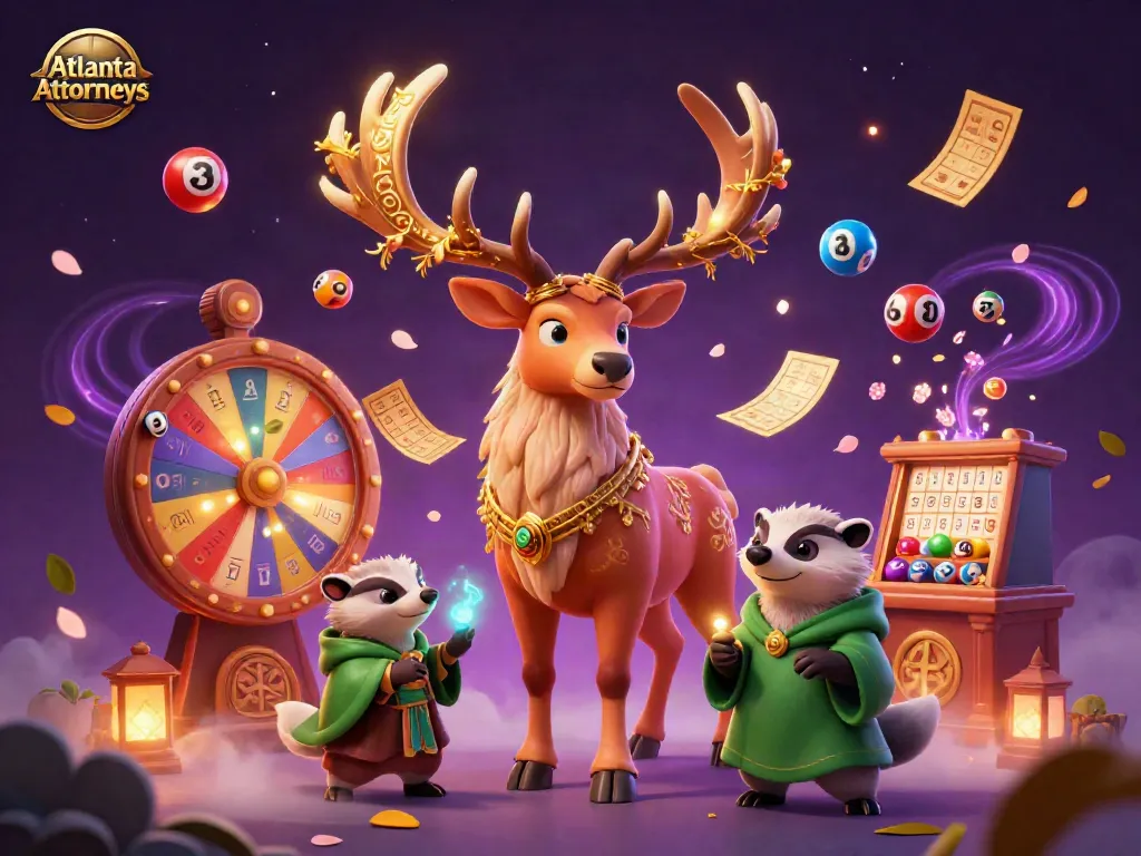 Engaging 3D illustration of Atlanta attorneys showcasing a Celtic druid stag, badger, and lottery elements.