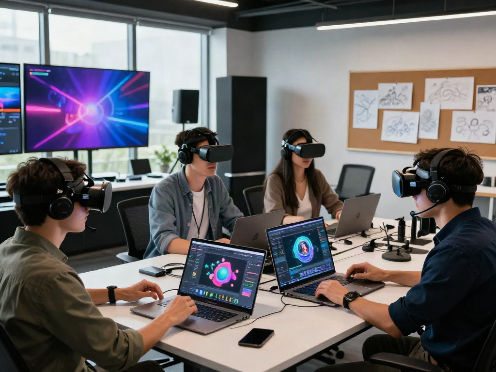 Dynamic adult entertainment tech workspace featuring creators collaborating on immersive VR experiences, highlighting the keyword ai 18+.