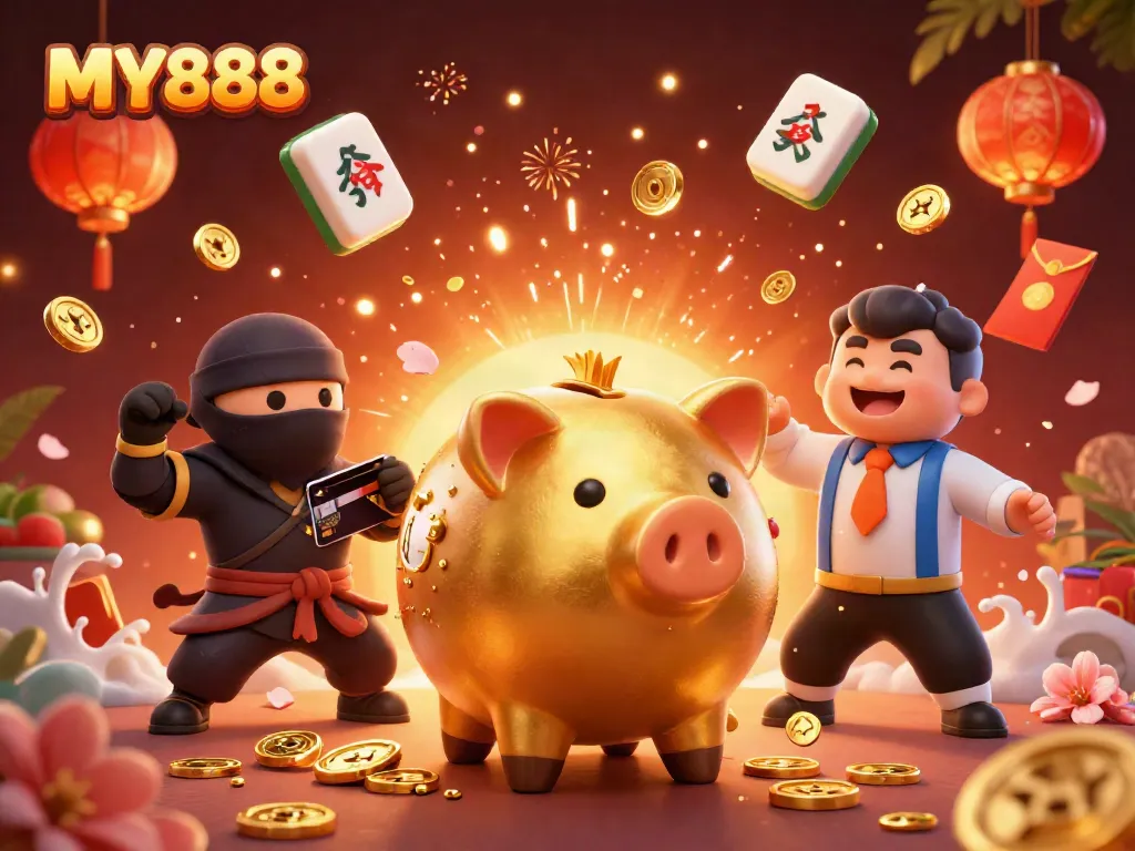 Engage in thrilling gaming action at MY888 with vibrant characters and dynamic casino elements.
