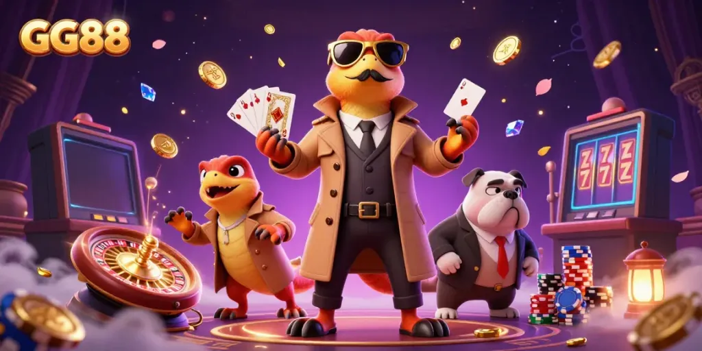 Experience the excitement of GG88 with charming characters in a vibrant casino scene!