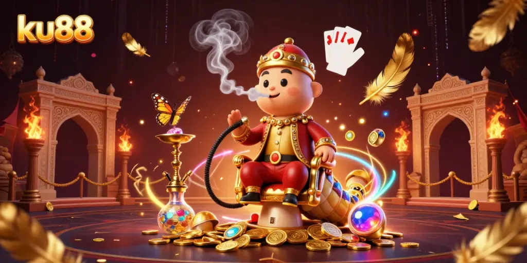 Experience the thrill of ku88 with this vibrant casino-themed illustration featuring a masterful caterpillar amidst golden symbols.