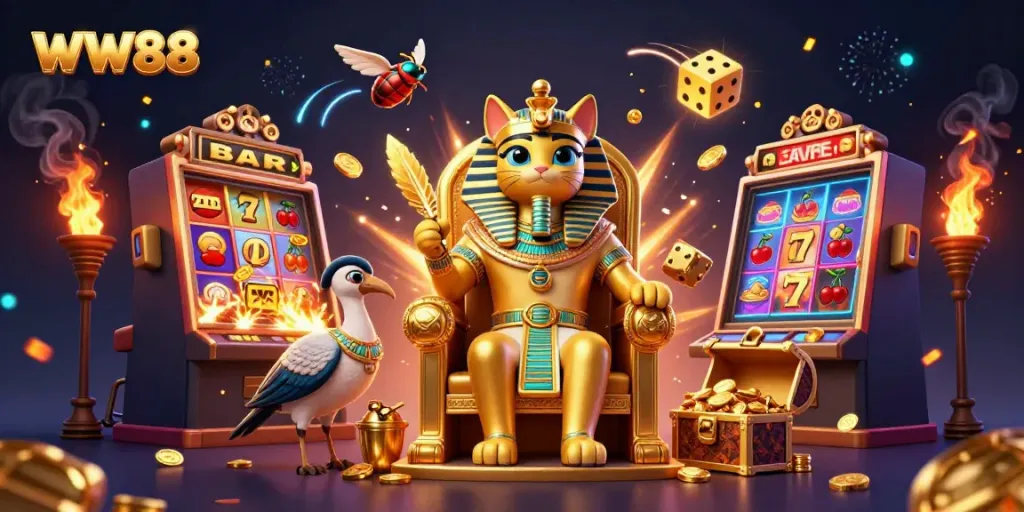 Experience the thrilling entertainment of WW88 with a vibrant 3D casino scene bursting with action.