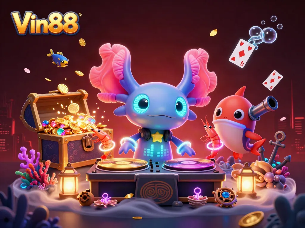 Experience the excitement at Vin88 with vibrant characters, dynamic scenes of underwater casino fun, and interactive gaming!