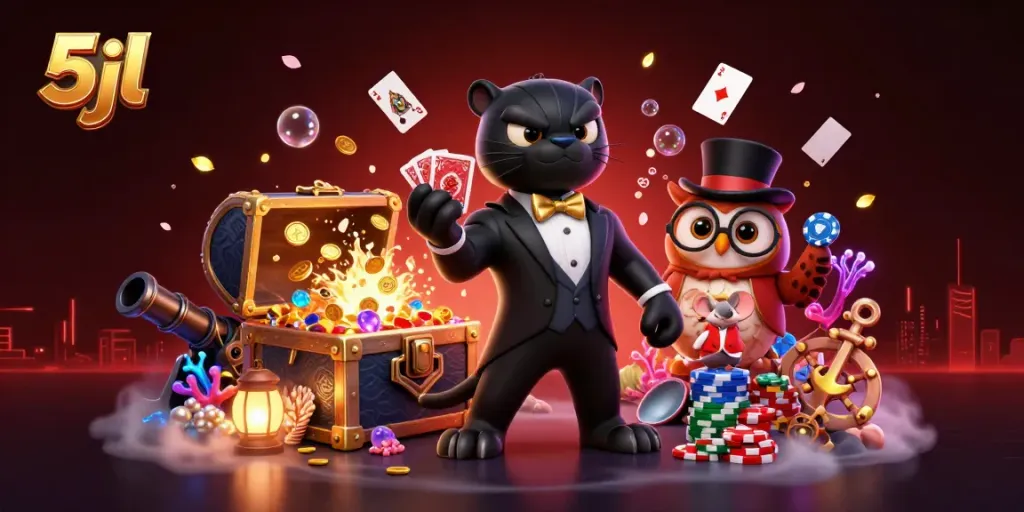 Engage in high-stakes entertainment at 5jl's vibrant online casino with colorful casino characters.