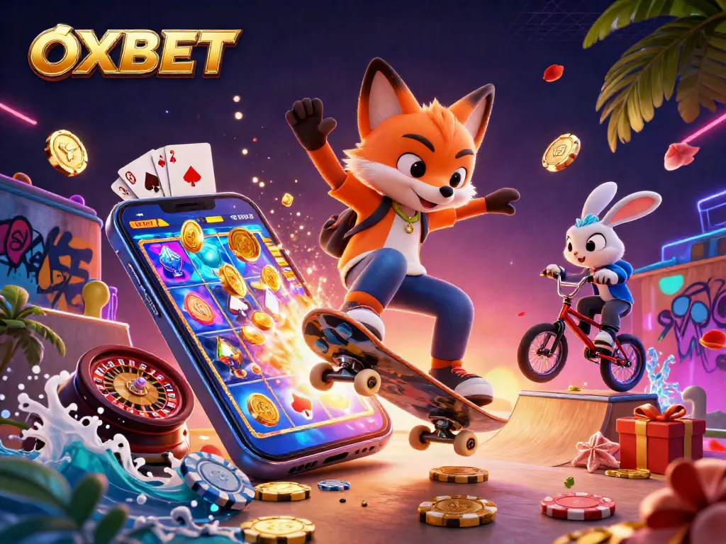 Join in the excitement with OXBET as a skateboarder fox performs tricks amidst casino-themed elements.
