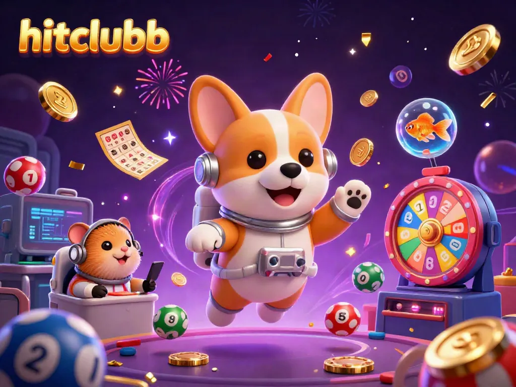 Join the fun at hitclubb as a cartoon corgi plays in a dynamic casino scene with colorful lottery elements.