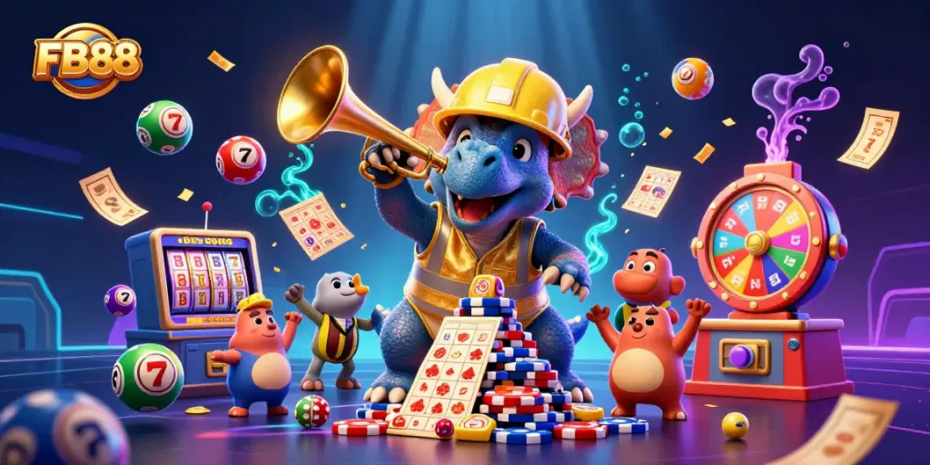 Experience the excitement of FB88 with a vibrant scene of characters building a poker chip pyramid amidst lottery elements.