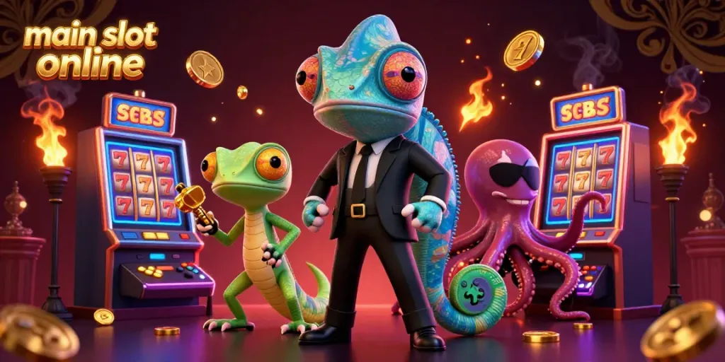 Experience thrilling spins with the main slot online, featuring colorful slot machines and dynamic game characters.