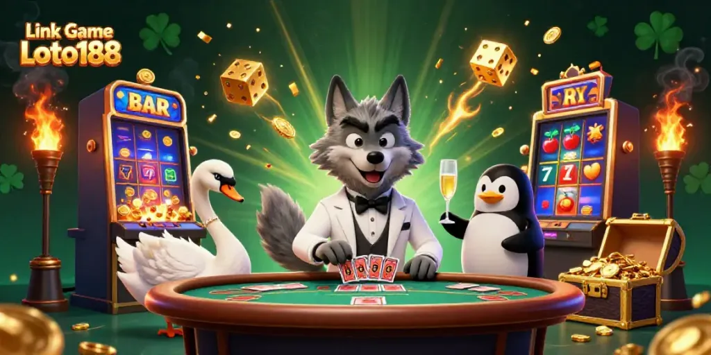 Experience the excitement of Link Game Loto188 with dynamic 3D casino elements and charming characters.
